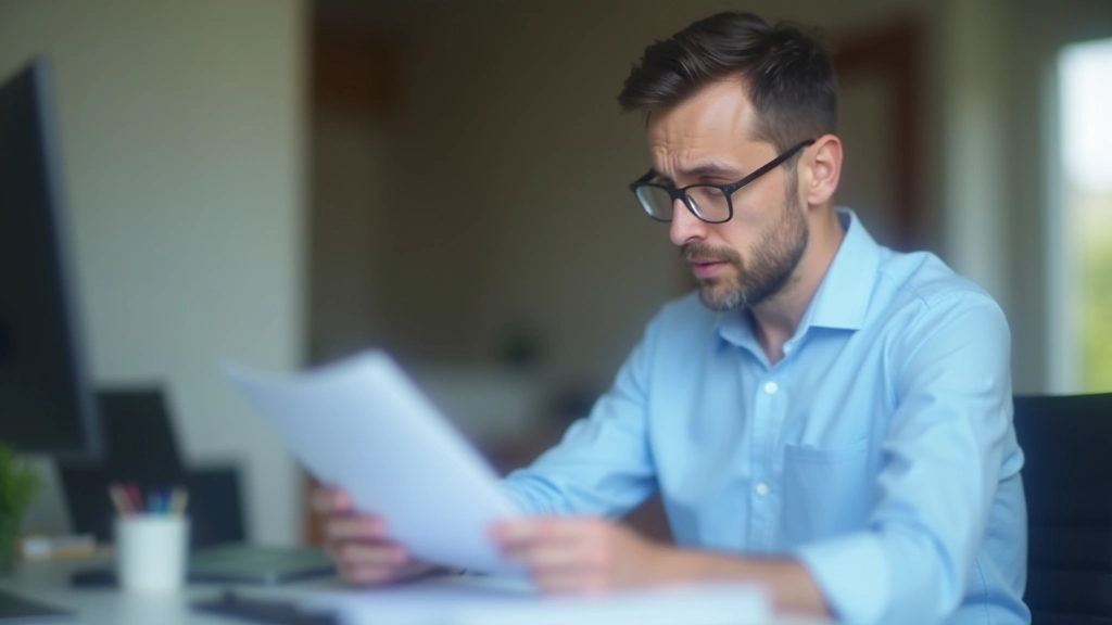 Muž s brýlemi sedící u počítače, prohlíží si daňový formulář s výrazem znepokojení